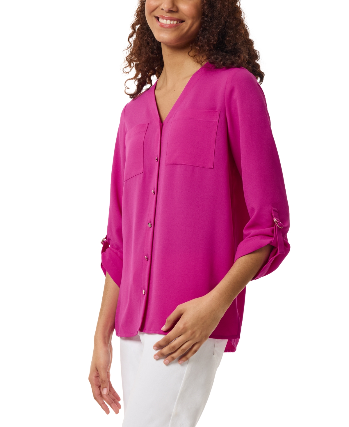 Jones New York Women's Collarless Rolltab-Sleeve Tunic