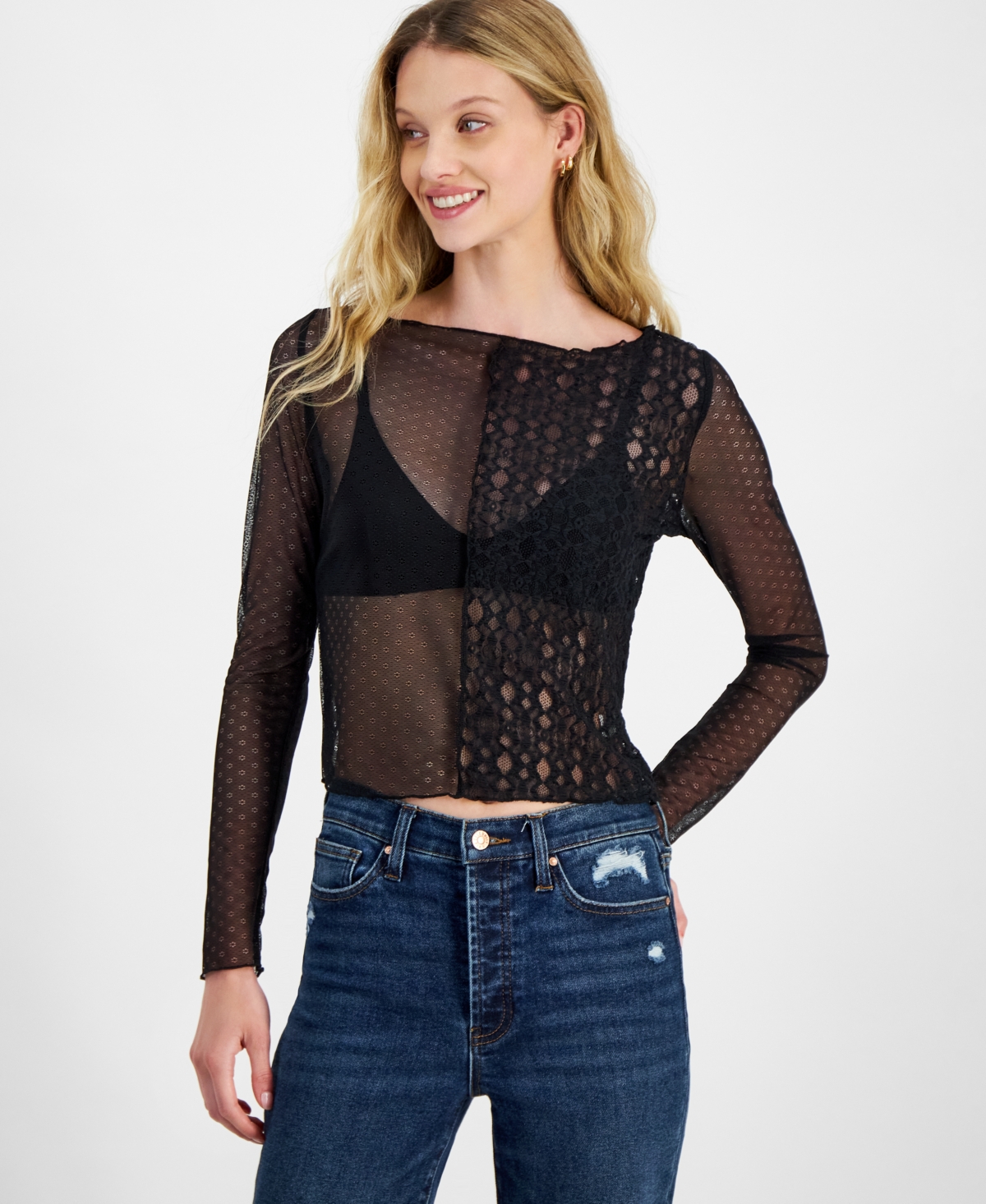 Juniors' Boat-Neck Long-Sleeve Mesh Top - Snow White