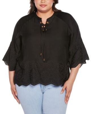 Black Label Plus Size Raglan 3/4-Sleeve Embroidered Top