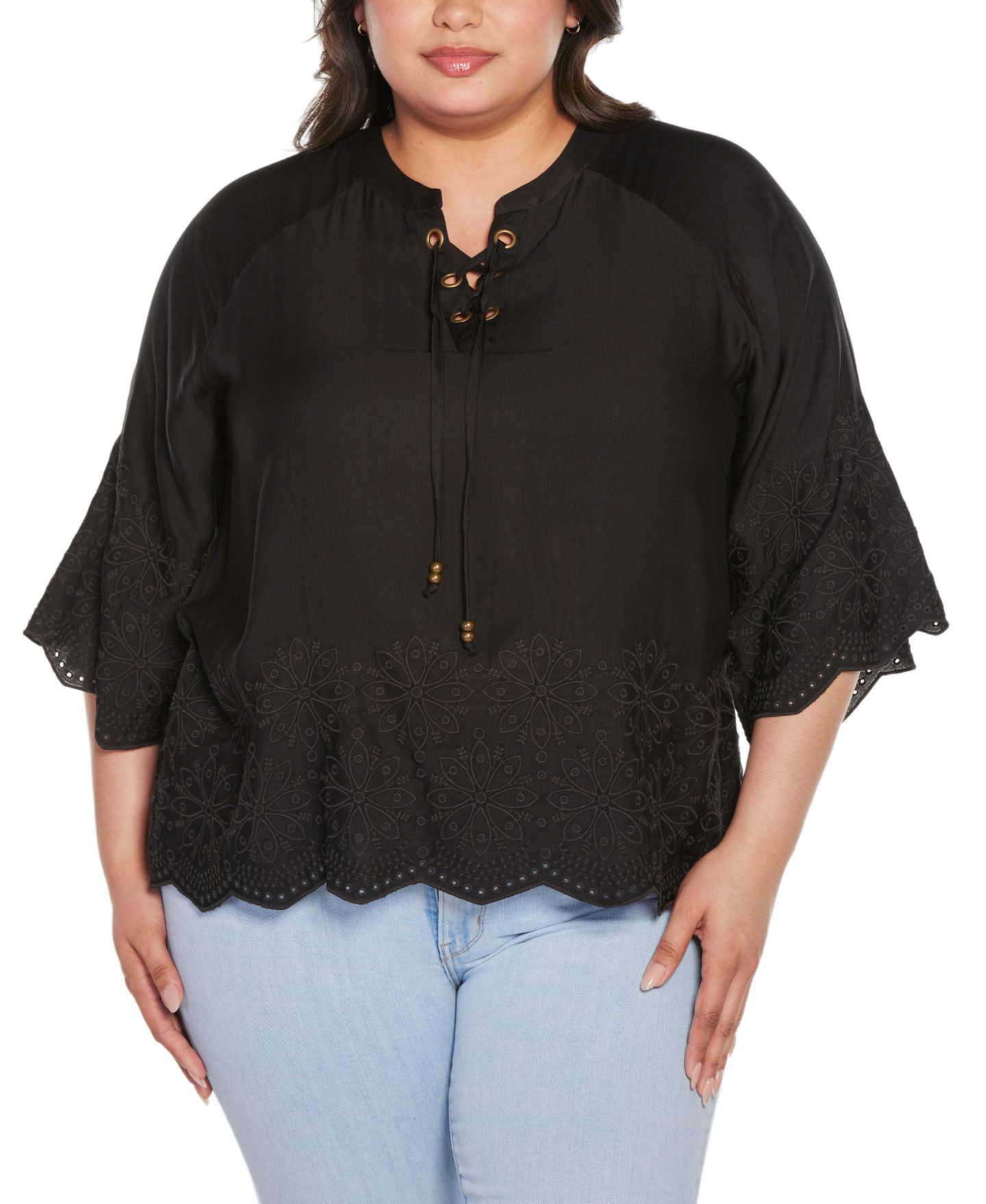 Женский топ Belldini Black Label Plus Size Raglan 3/4-Sleeve Embroidered, цвет: Чёрный — фото 1