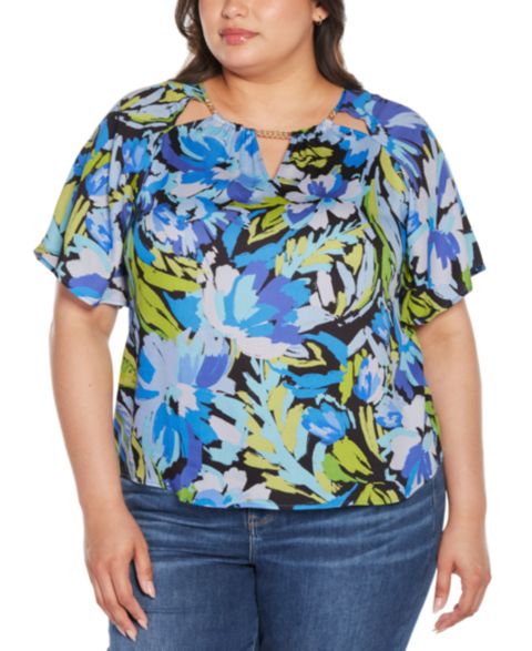 Женский топ Belldini Black Label Plus Size Abstract Floral Cutout Detail, цвет: Синий комбинированный
