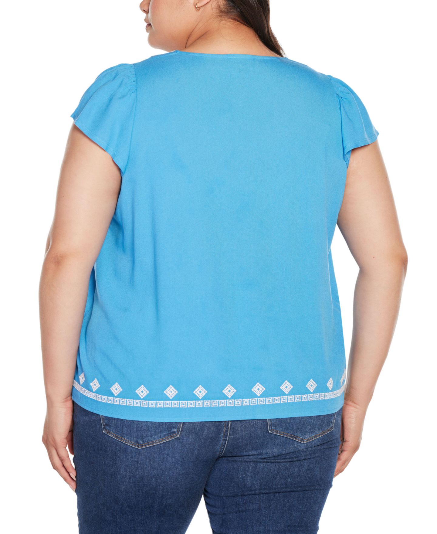 Женский топ Belldini Black Label Plus Size Boho Embroidered Square Neck, цвет: Синий / Белый — фото 2
