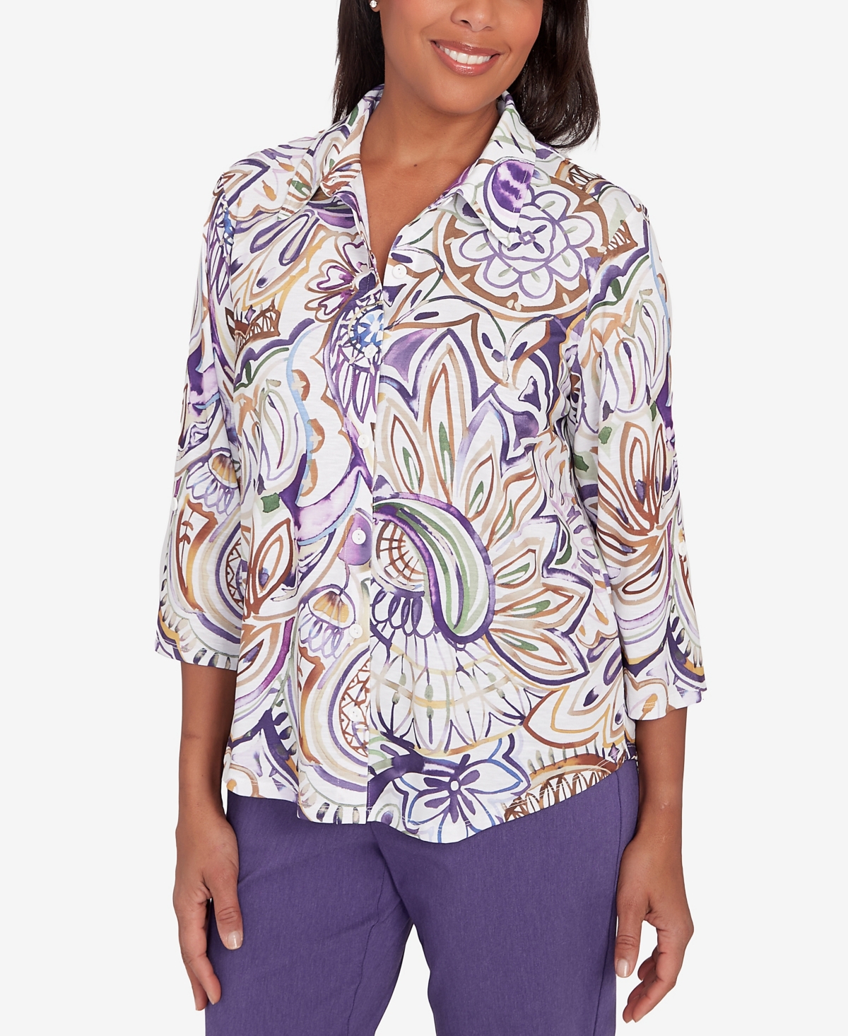 Shop Alfred Dunner Petite Charm School Drama Paisley Button Front Top In Multi