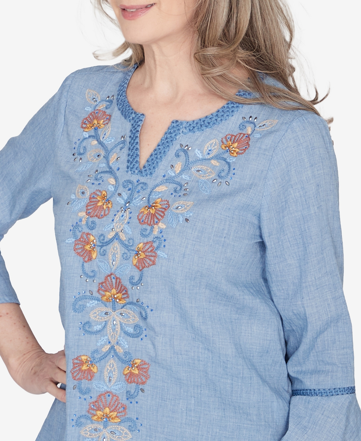 Alfred Dunner Petite Scottsdale Center Embroidered Split Neck Top