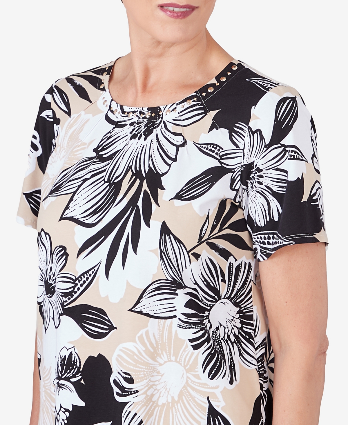 Shop Alfred Dunner Petite Pleated Neck Bold Floral Short Sleeve Tee In Black,tan