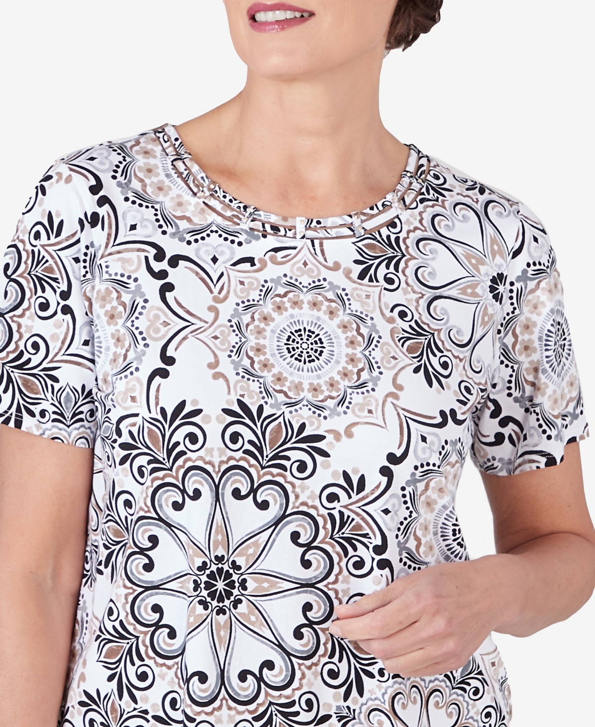 Alfred Dunner Petite Geo Medallion Short Sleeve Crew Neck Tee -Tan