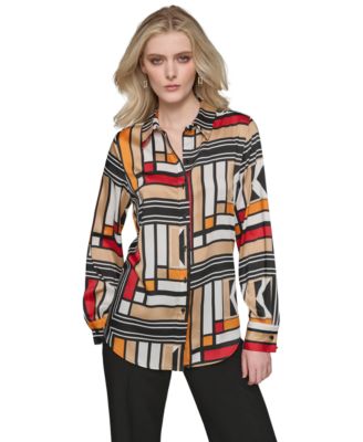 KARL LAGERFELD PARIS - Women's Geo-Print Long-Sleeve Blouse