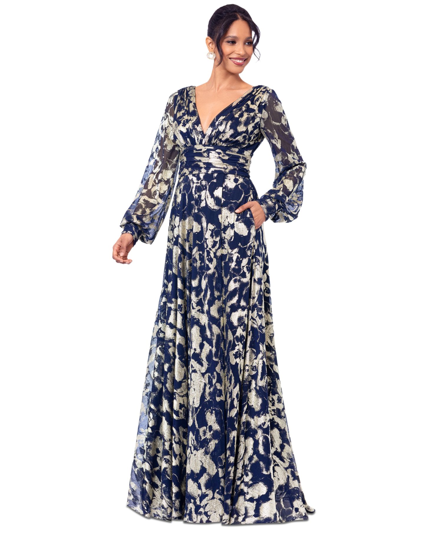 Petite Metallic Print Blouson-Sleeve Gown