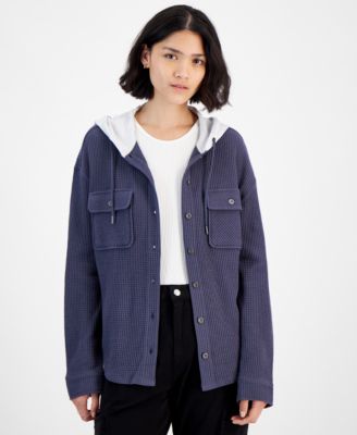 Hippie Rose - Juniors' Hooded Waffle Knit Button-Front Sweatshirt