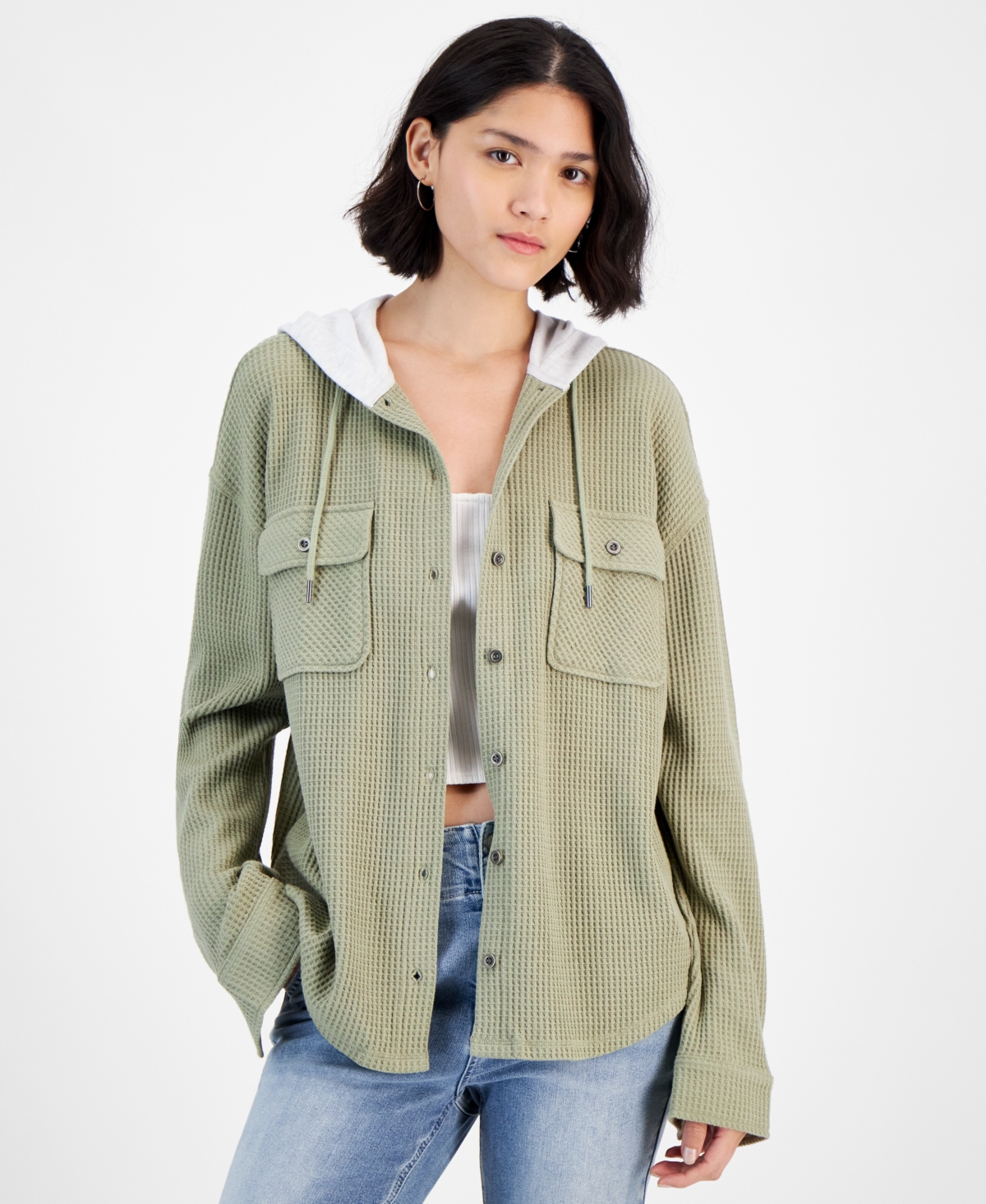Hippie Rose Juniors' Hooded Waffle Knit Shacket In Tea Combo