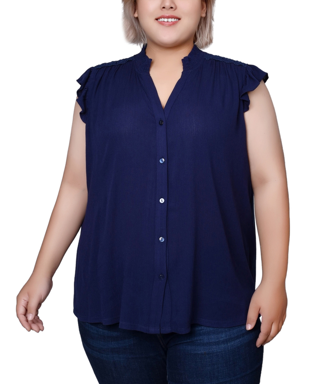 NY COLLECTION PLUS SIZE SHORT FLUTTER SLEEVE CREPON BLOUSE 