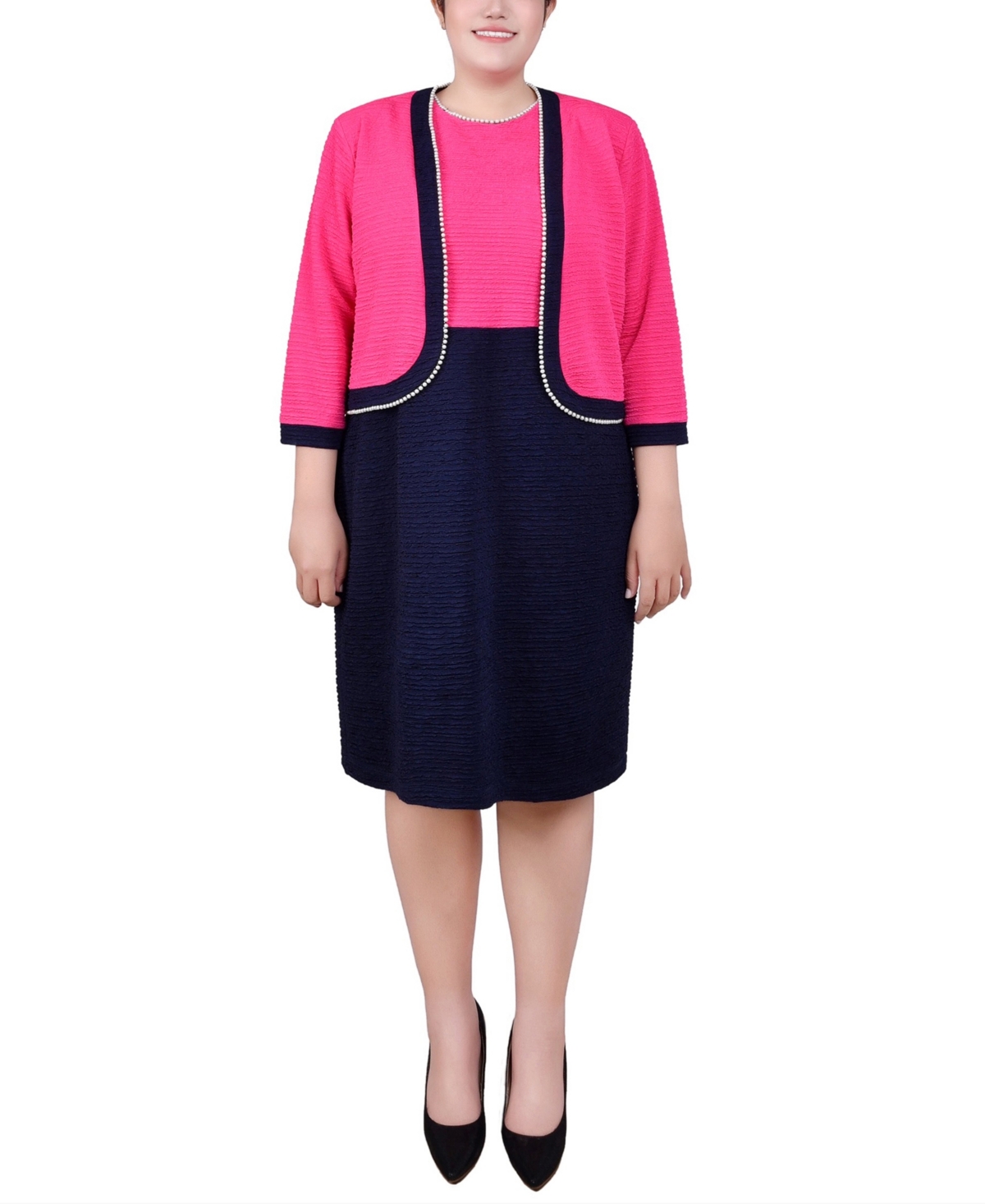 Ny Collection Plus Size 3/4 Sleeve Textured Knit 2 Piece Dress Set In Navy Havana Pink