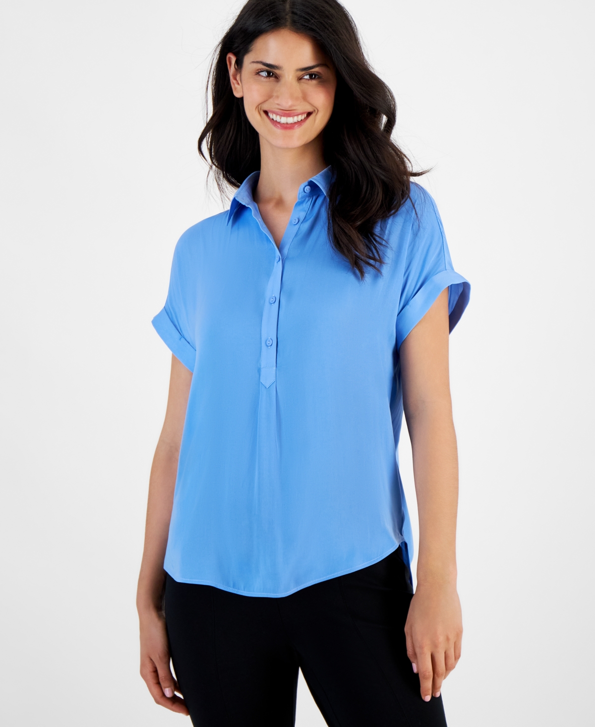 T Tahari Women's Cuffed Short-Sleeve Collared Top