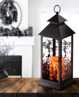12" Halloween Lantern with LED Lights, Carved Images of Witches, Haunted House