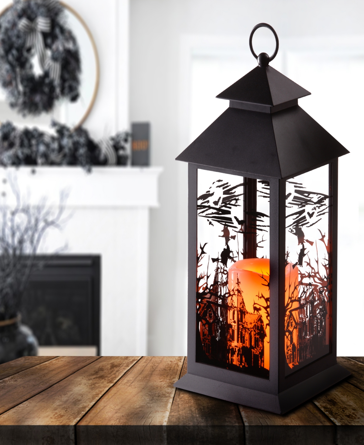 National Tree Company 12" Halloween Lantern With Led Lights, Carved Images Of Witches, Haunted House In Black