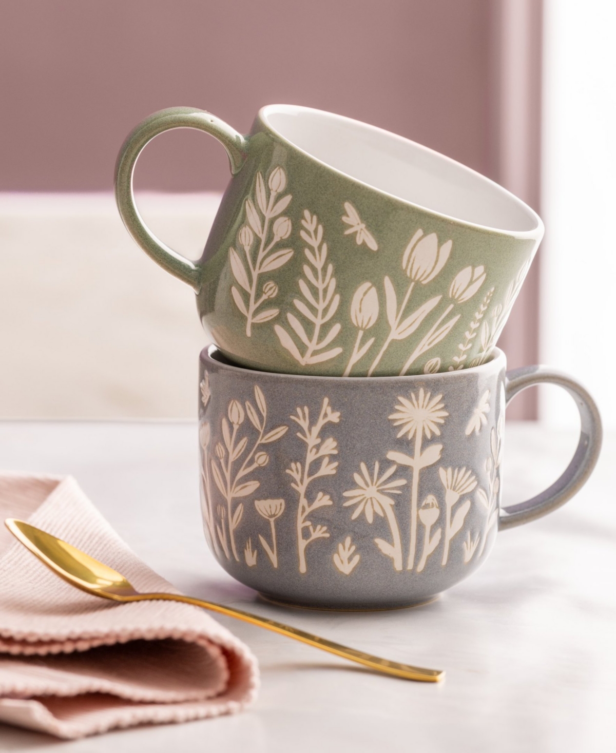 Mason Cash In The Meadow Set Of 4 Green Tulip Mugs In Green