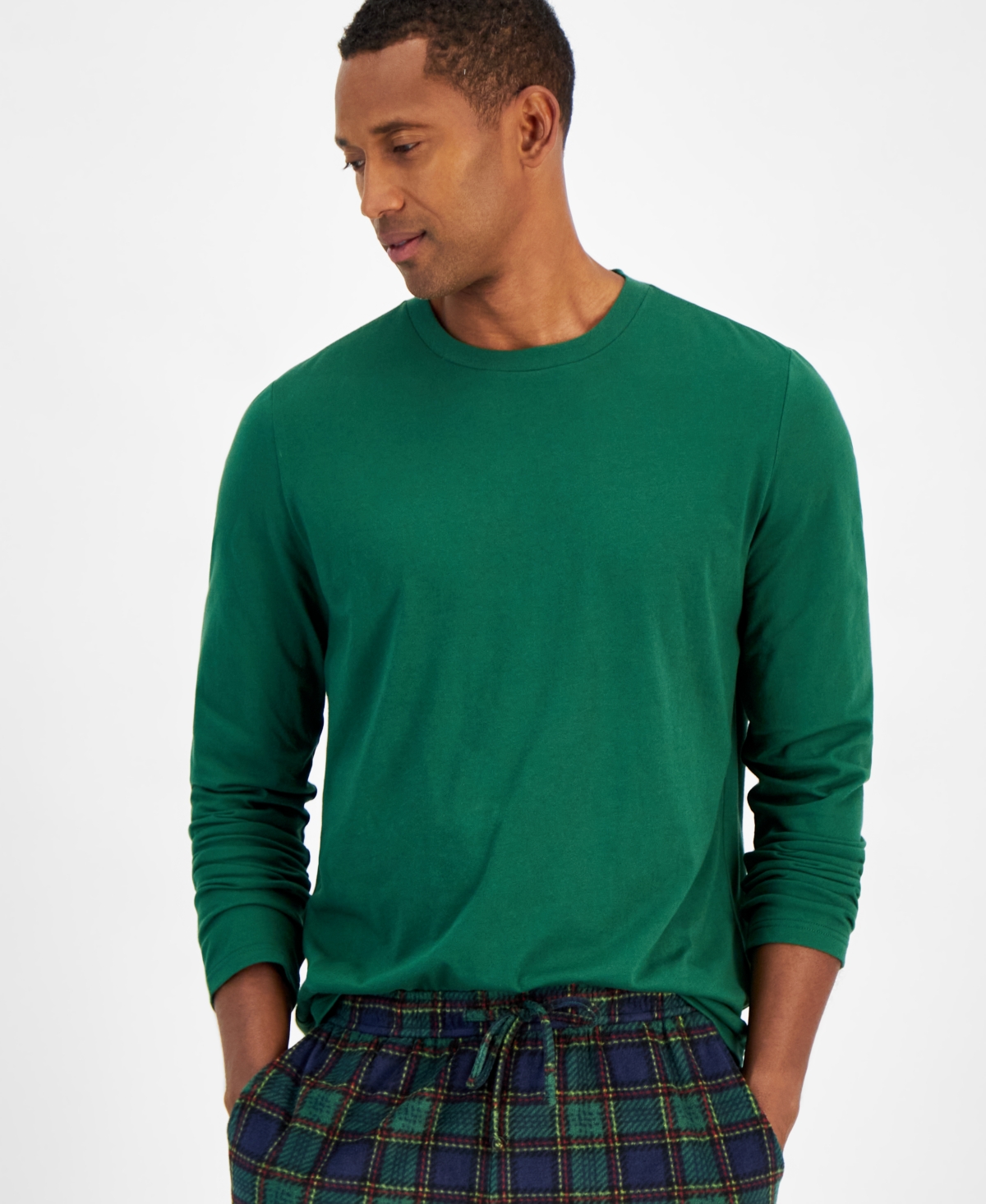 Club Room Men's Fleece Long-Sleeve T-Shirt & Plaid Pajama Pant Set, Created for Macy's -Blue