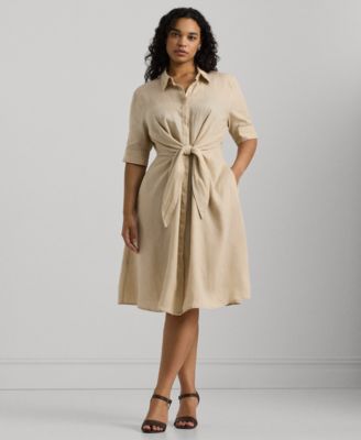 chinese dress ladies Lauren Ralph Lauren Tie-Front Linen Shirtdress In Light Olive
