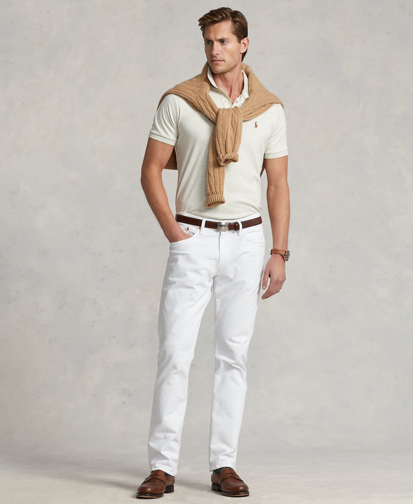 Мужское поло Polo Ralph Lauren Slim-Fit Soft Cotton Polo Shirt, цвет: Кремовый меланжевый — фото 2