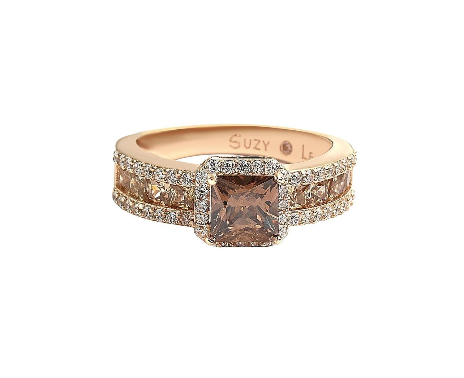 Suzy Levian Sterling Silver Cubic Zirconia Asscher Cut Brown Center Stone Ring