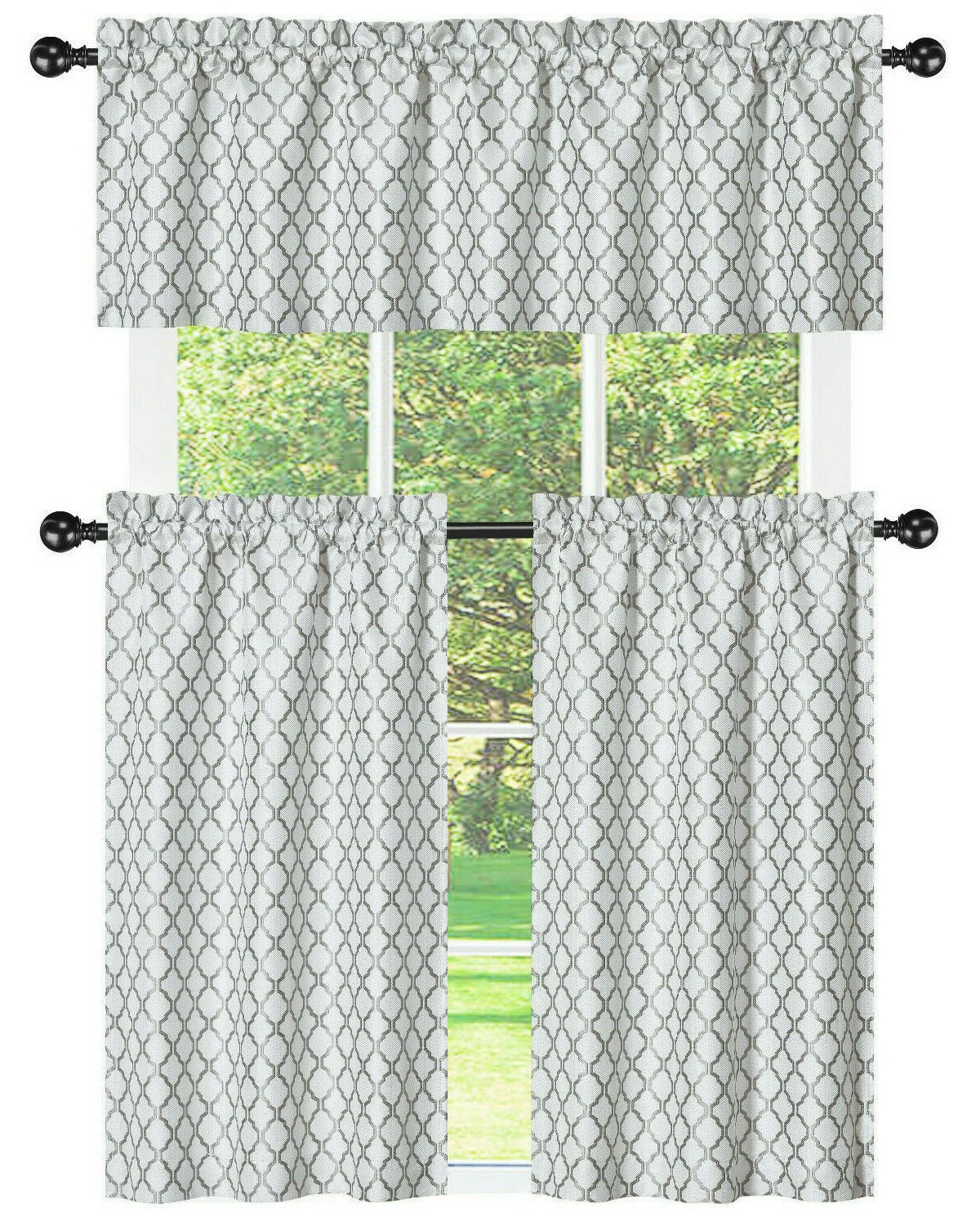 White & Gray Complete 3 Piece Moroccan Geometric Kitchen Curtain Tier & Valance Set - White