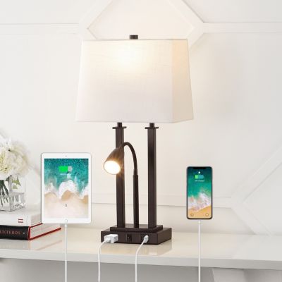 Blaire 23.75" 2-Light Modern Farmhouse Metal LED Table Lamp with USB Charging port, Adjustable Reading Light and AC Outlet, Oil Rubbed Bronze