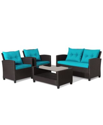 4PCS Outdoor Conversation Set Patio PE Rattan Set w/ Glass Table and Sofa Cushions