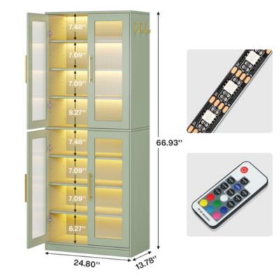 Tall Shoe Cabinet with Acrylic Doors and LED Lights, 8-Tier Entryway Shoe Storage Rack with Adjustable Shelves and Hanging Hooks
