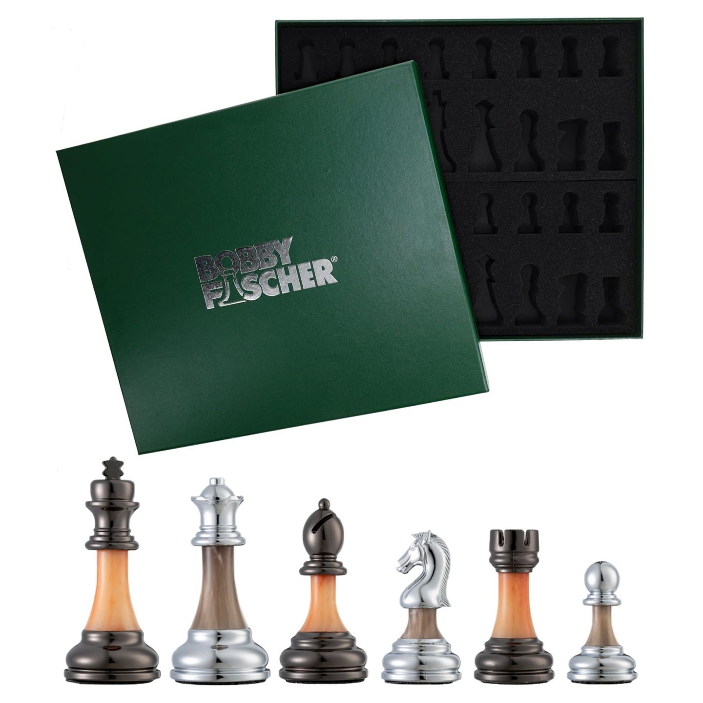 Детские игрушки Bobby Fischer Metal & Acrylic Chess Pieces, 32 Piece Set, от 14 лет, цвет: Серебряный — фото 1