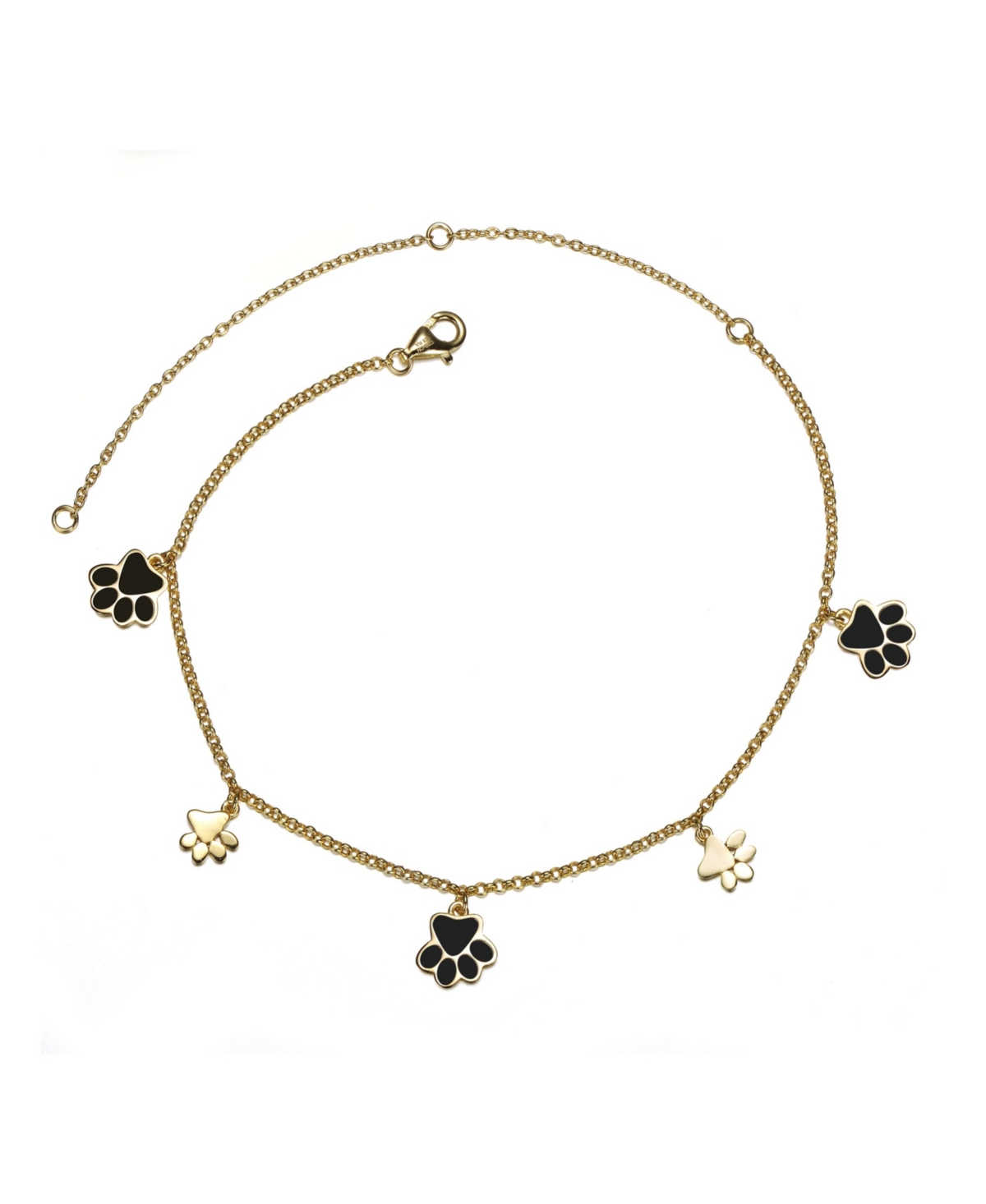 14k Gold Plated Enamel Puppy Paw Dangle Charm Anklet, Adjustable Length - Gold
