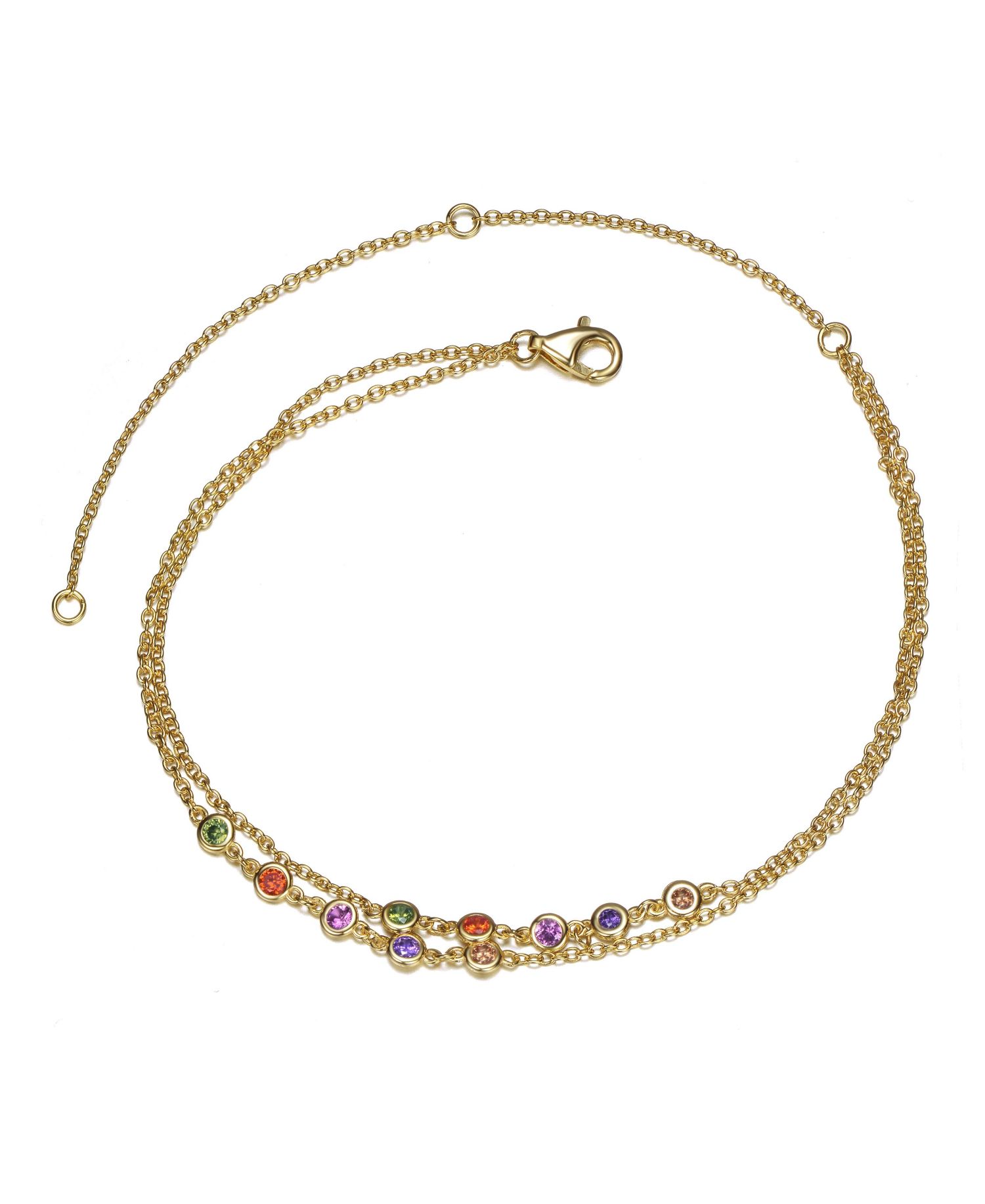14k Gold Plated Multi Color Double Layer Rolo Chain Anklet, Adjustable Length