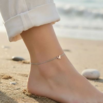 Sterling Silver 18k Rose Gold Plated Butterfly Charm Anklet, Adjustable Length