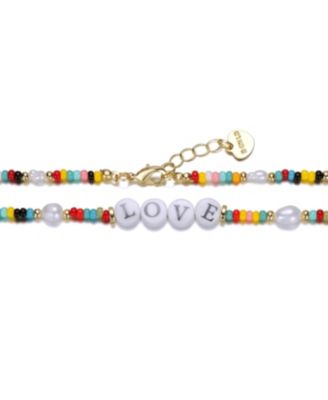 14k Yellow Gold Plated Multi Color Beads Necklace with Freshwater Pearls and Love Tag in Circular Charms for Kids