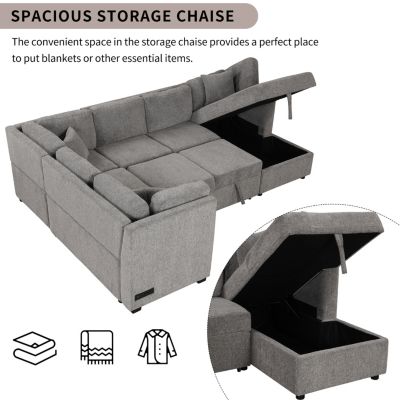 Modern U-Shape Sofa Bed with Power & USB, Storage