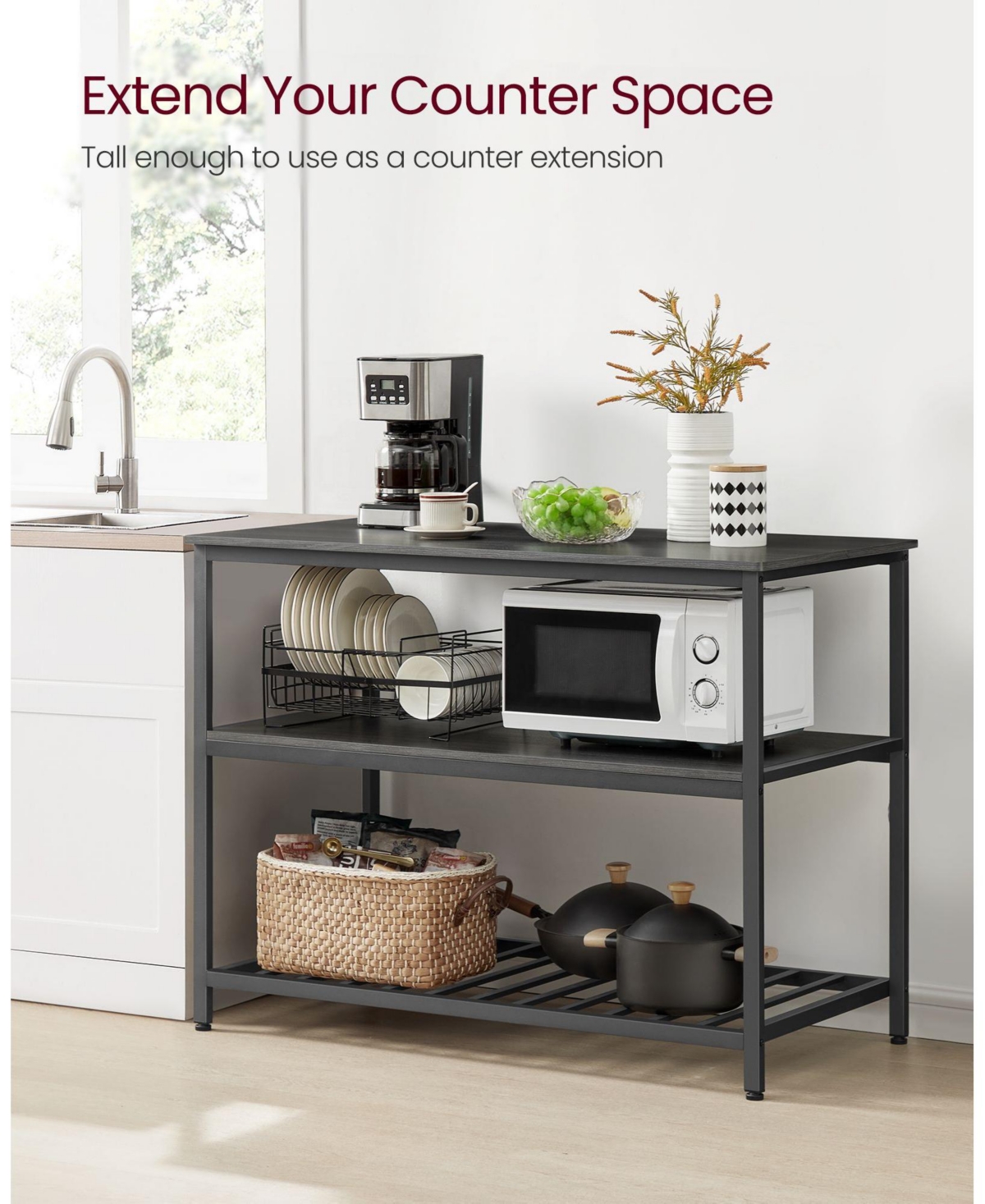 Slickblue Kitchen Island With 3 Shelves, Kitchen Shelf with Large Worktop