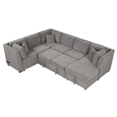 Modern U-Shape Sofa Bed with Power & USB, Storage
