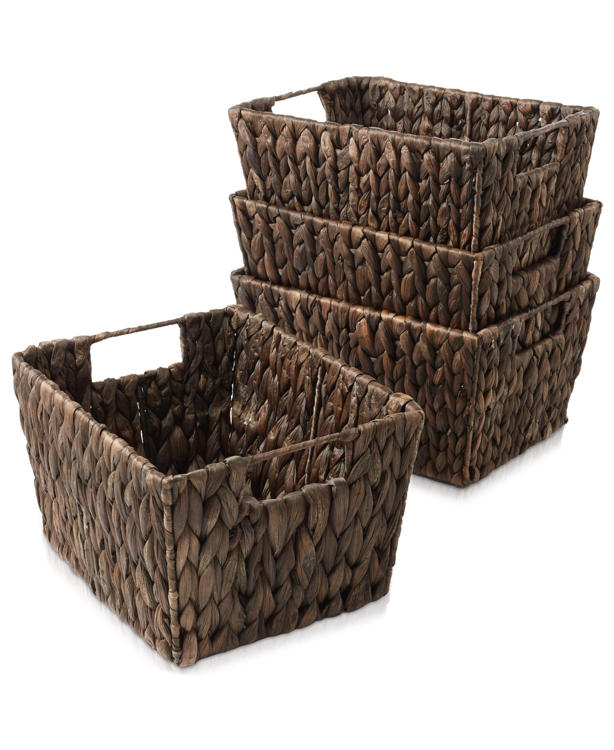 Set of 4 Water Hyacinth Storage Baskets with Handles - Natural, 12" x 9" x 6" Rectangular Storage Bins for Organizing Shelves, Blankets, Lau