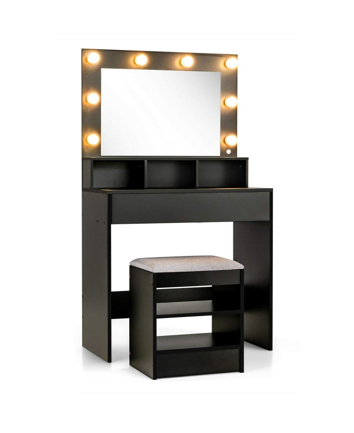 Sugift Vanity Table Set with Lighted Mirror and Cushioned Stool - Black