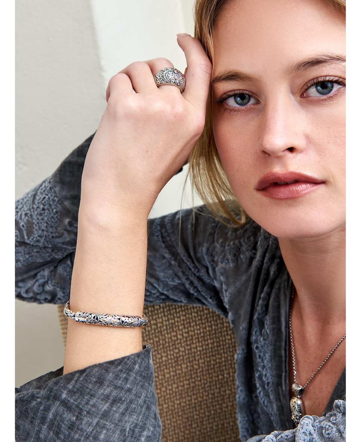 Devata Bali Filigree with Borobudur Oval 5mm Chain Bracelet in Sterlingand 18K Gold - Silver
