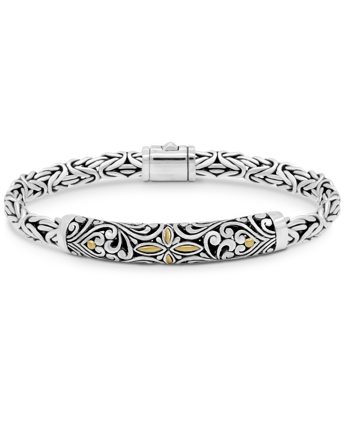 Bali Filigree with Borobudur Oval 5mm Chain Bracelet in Sterling Silver and 18K Gold - Silver