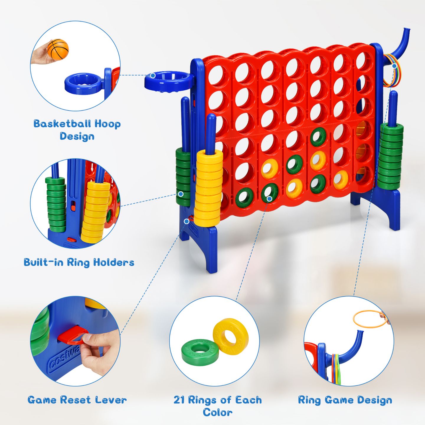 Детские игрушки Costway 2 Pcs Giant 4-IN-A-ROW Jumbo 4-to-Score Game Set W/Storage Carrying, цвет: Синий — фото 3