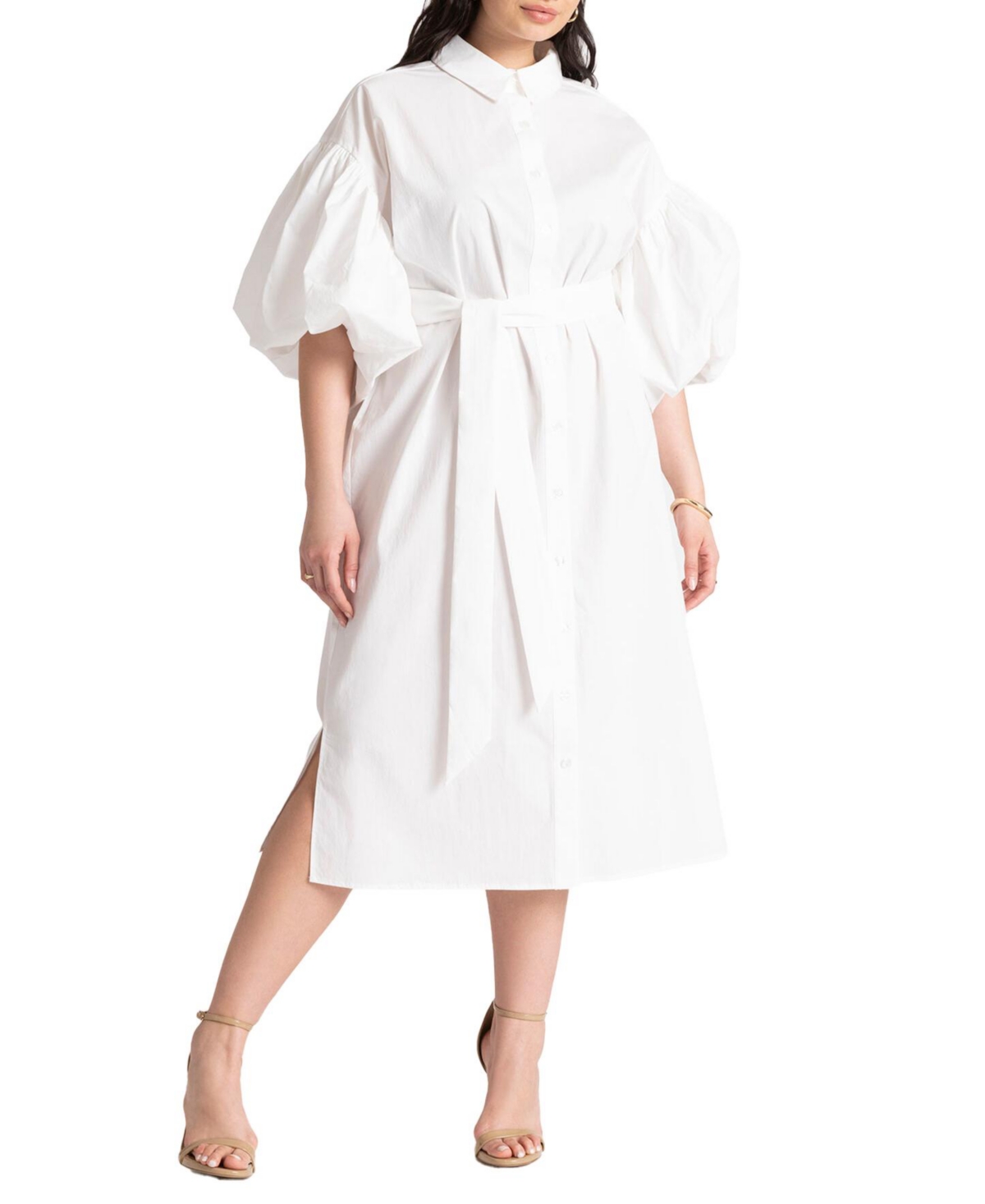 Plus Size Balloon Sleeve Shirt Dress - White