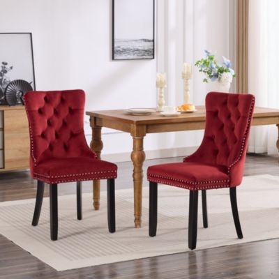 Set of 2 Velvet Upholstered Tufted Dining Chairs with Solid Wood Legs and Nailhead Trim