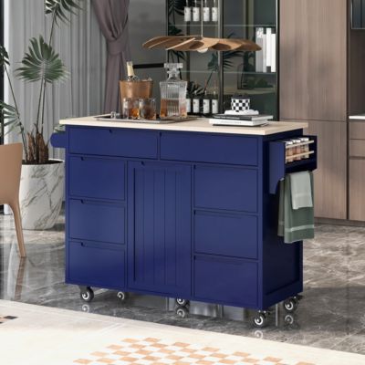 8-Drawer Kitchen Cart with Rubber Wood Countertop