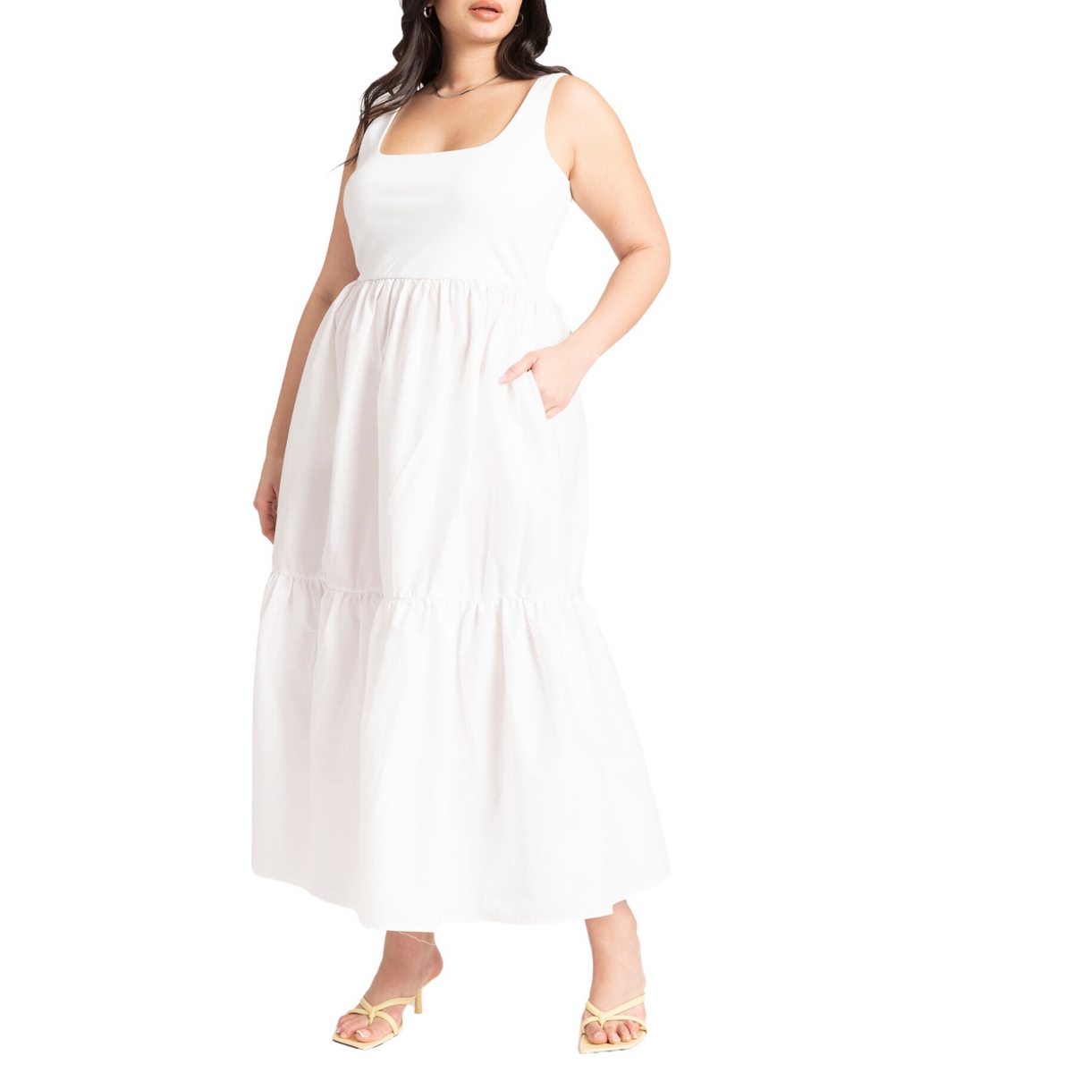 Plus Size Mixed Fabric Tank Dress - White