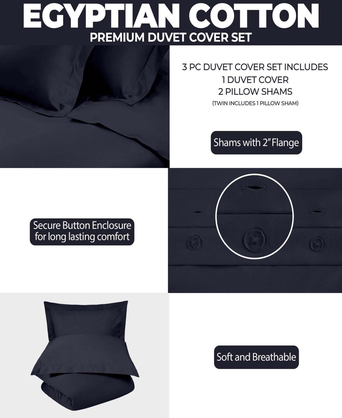 Superior Egyptian Cotton 400 Thread Count Solid Luxury Duvet Cover Set,
