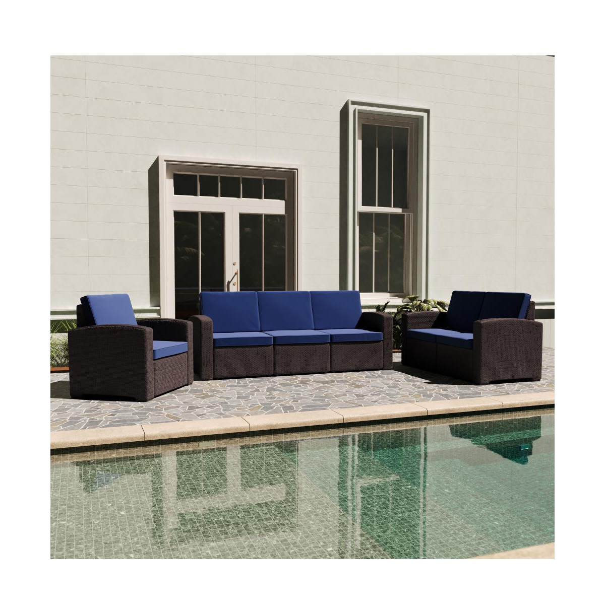 Merrick Lane Malmok Outdoor Furniture Resin Sofa Faux Rattan Wicker Pattern Patio 3-Seat Sofa With All-Weather Cushions -chocolate brow