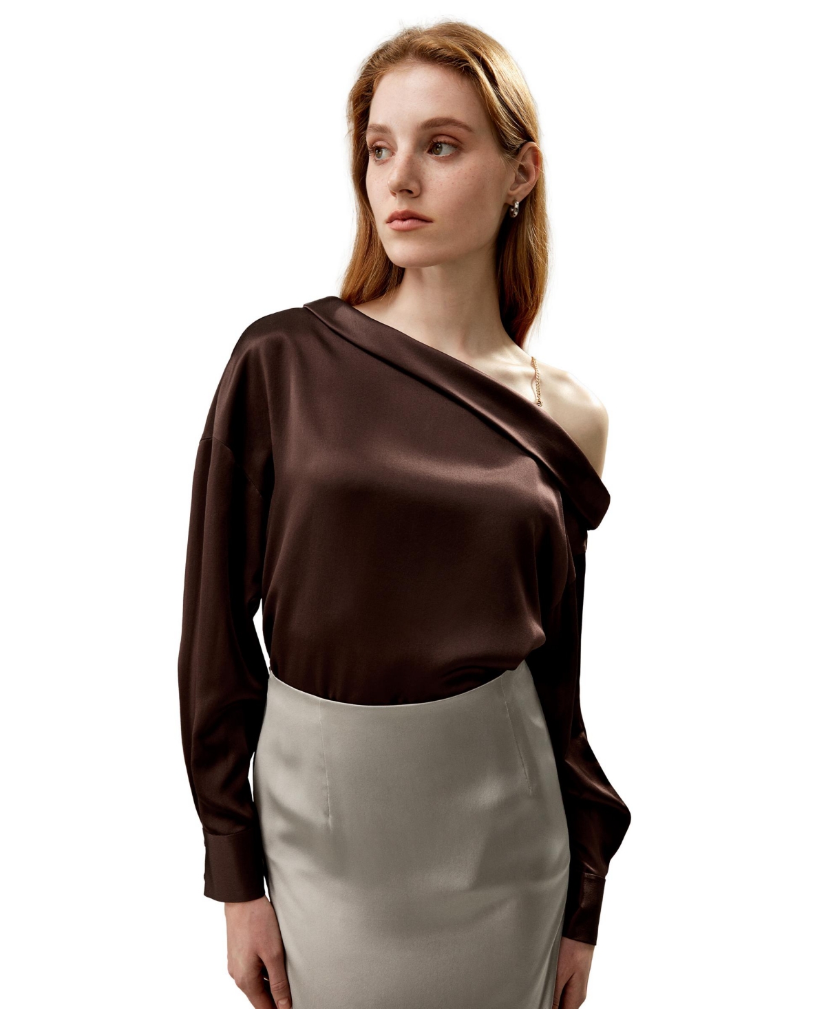 Women's Silk Chic One-Shoulder Top - Dark brown