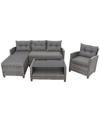 4 Pieces Patio Rattan Furniture Set with Cushion and Table Shelf