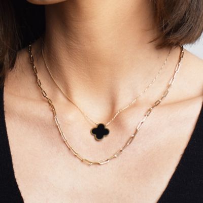 Extra Large Onyx Single Clover Necklace 14K Yellow Gold